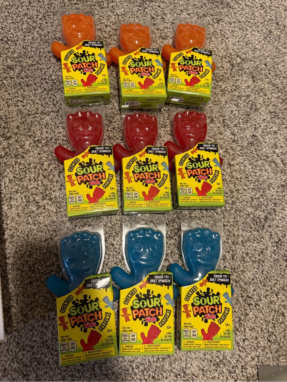 Sour Patch Kids Scented Squish Toy - Orange, Red, Blue (Lot of 9)